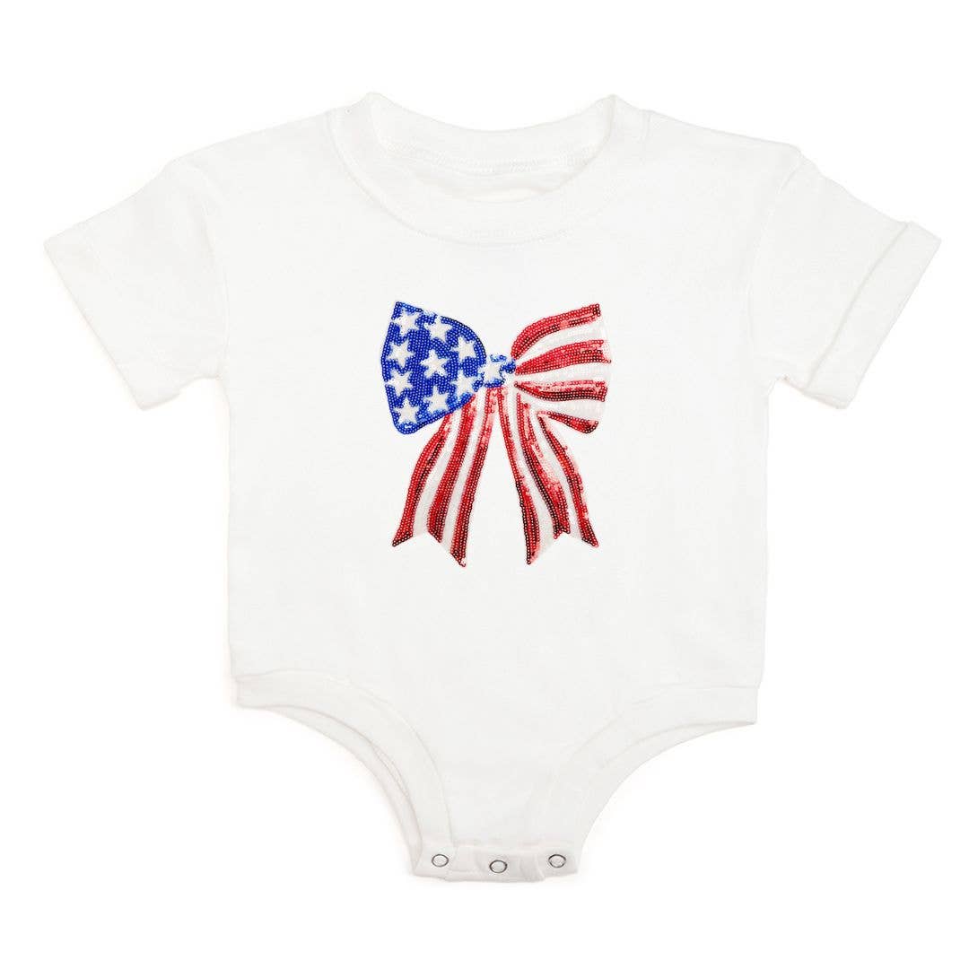Patriotic Sequin Bow Patch Short Sleeve Romper - Baby
