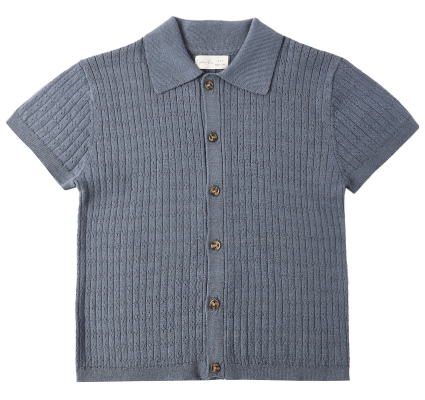 The Aiden Polo Marine by Rylee & Cru is a short-sleeved, light blue textured cardigan with a collar and brown buttons, featuring a vertical ribbed pattern—an ideal choice for your next family photo shirt.