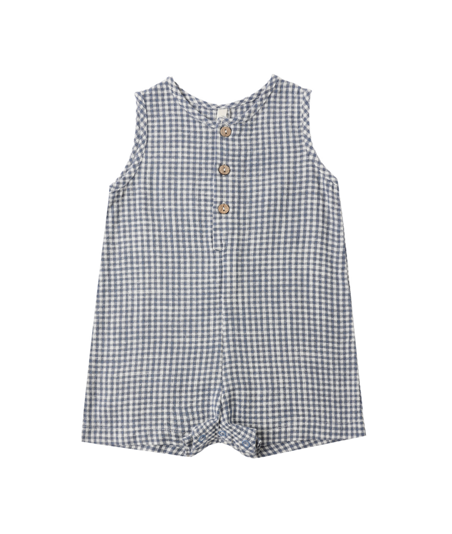 The Rylee & Cru Mavrick Romper Marine Gingham is a sleeveless blue and white gingham baby romper with three brown buttons and a round neckline—a charming toddler outfit.