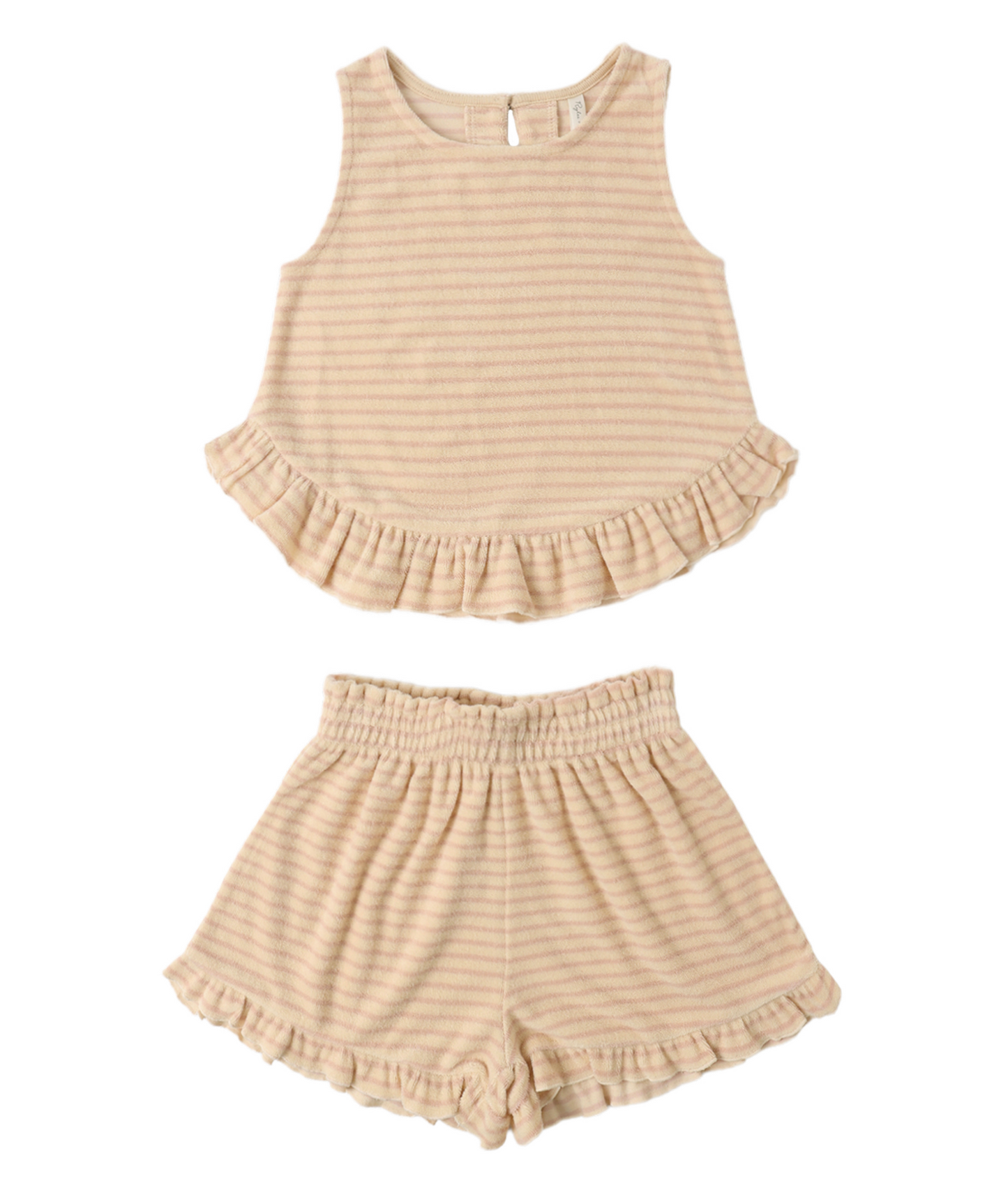 The Faye Pink Stripe Set by Rylee & Cru features a sleeveless two-piece with subtle pink stripes, including a ruffled-hem top and matching elastic-waist shorts, both accented with charming ruffle details for a sweet look.