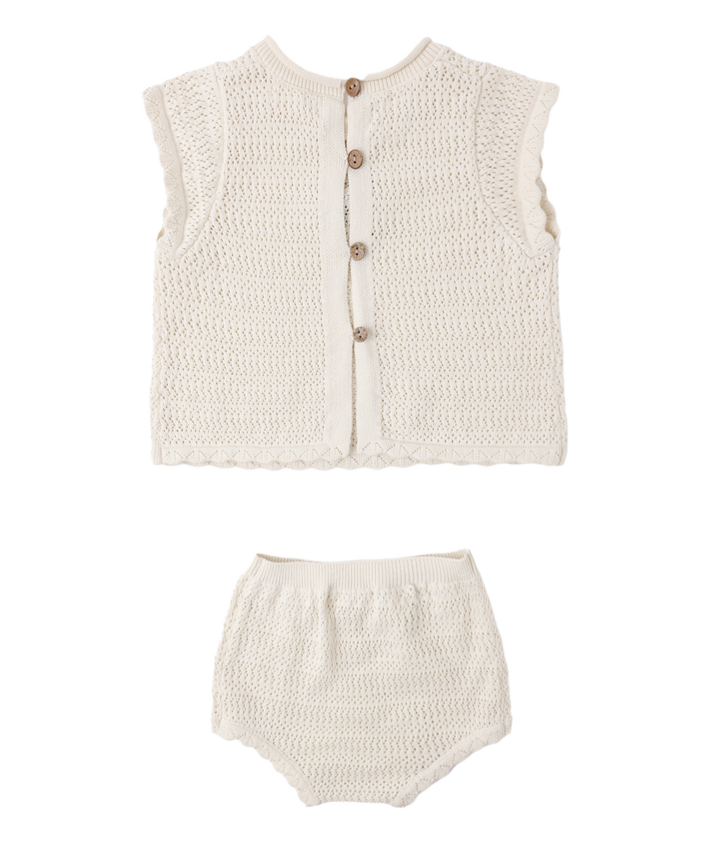 The Scallop Knit Baby Set Natural by Rylee & Cru features a sleeveless textured top with scalloped edges and back buttons, paired with matching knitted bloomers for a delicate, coordinated look.