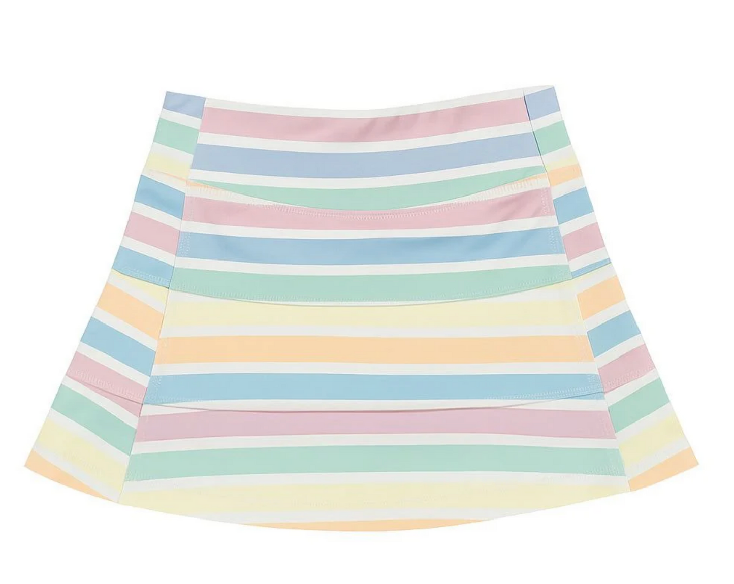 The Belle Cher Striped Tennis Skort for girls features pastel yellow, pink, blue, green, and white horizontal stripes and a slight A-line shape for a playful tennis look. Displayed on a white background.