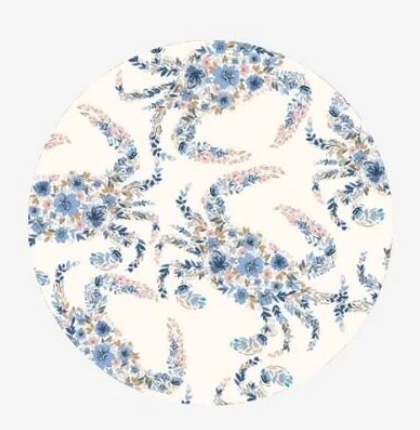 Decorative floral design with blue and pink flowers on a white background