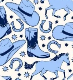 Pattern of cowboy hats, boots, and horses in blue on a white background