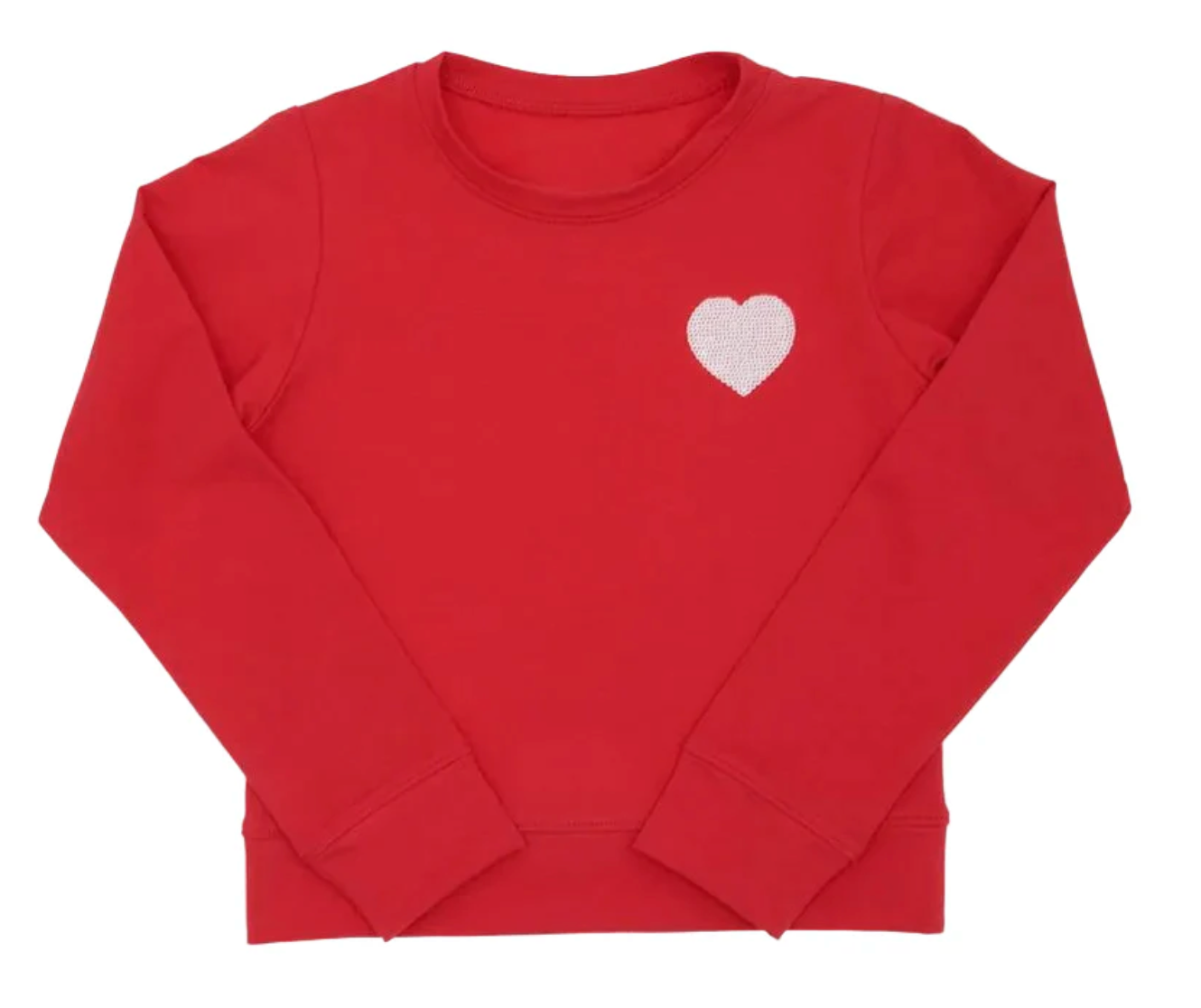The Azarhia Red Sequin Heart Long Sleeve Tee is a women's casual sweater featuring a white sequin heart design on the upper left chest, shown laid flat on a white background.
