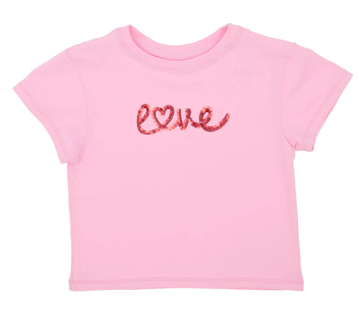 The Azarhia Sequin Love Boxy T is a light pink short-sleeve tee with red sequin "love" lettering across the chest, featuring a heart-shaped "o"—a fun Valentine’s Day pick.