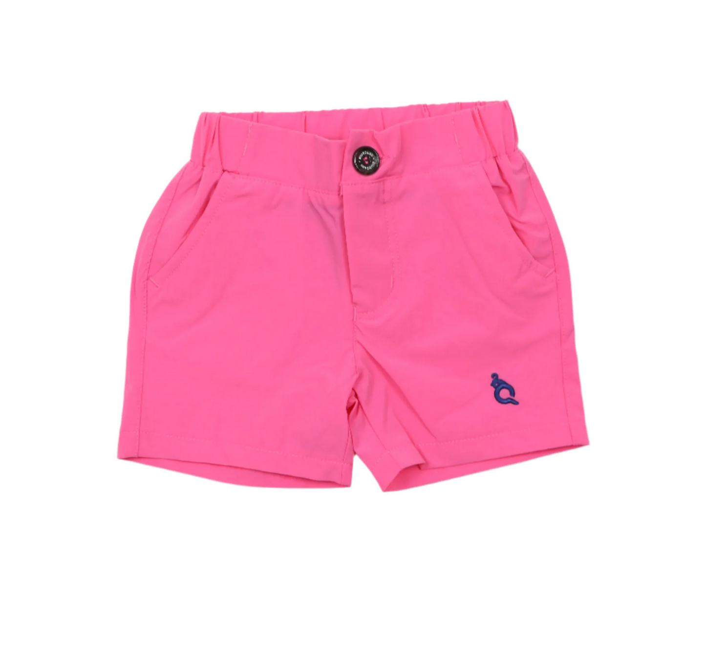 Blue Quail Pink Shorts for toddlers feature UPF 50+ protection, an elastic waistband with button closure, side pockets, and a small blue embroidered bird logo on the left leg—perfect for sun-safe adventures.