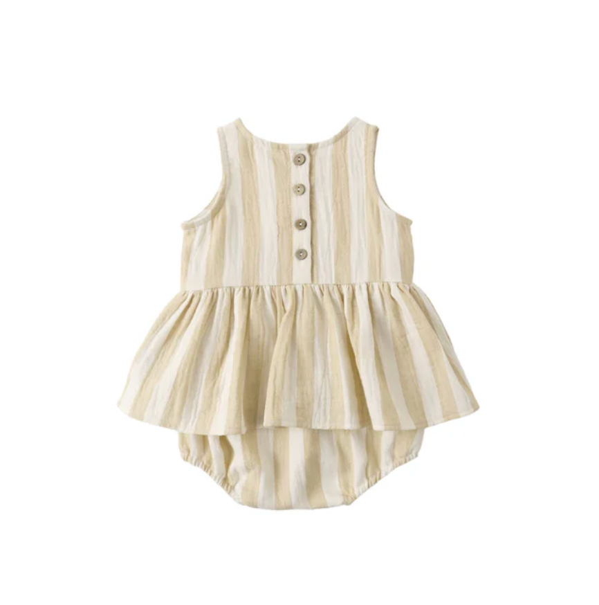 Striped baby romper with button details on a white background