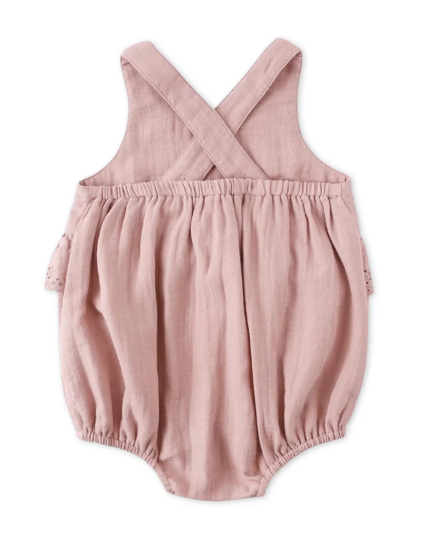 Pink baby romper with cross-back straps on a white background