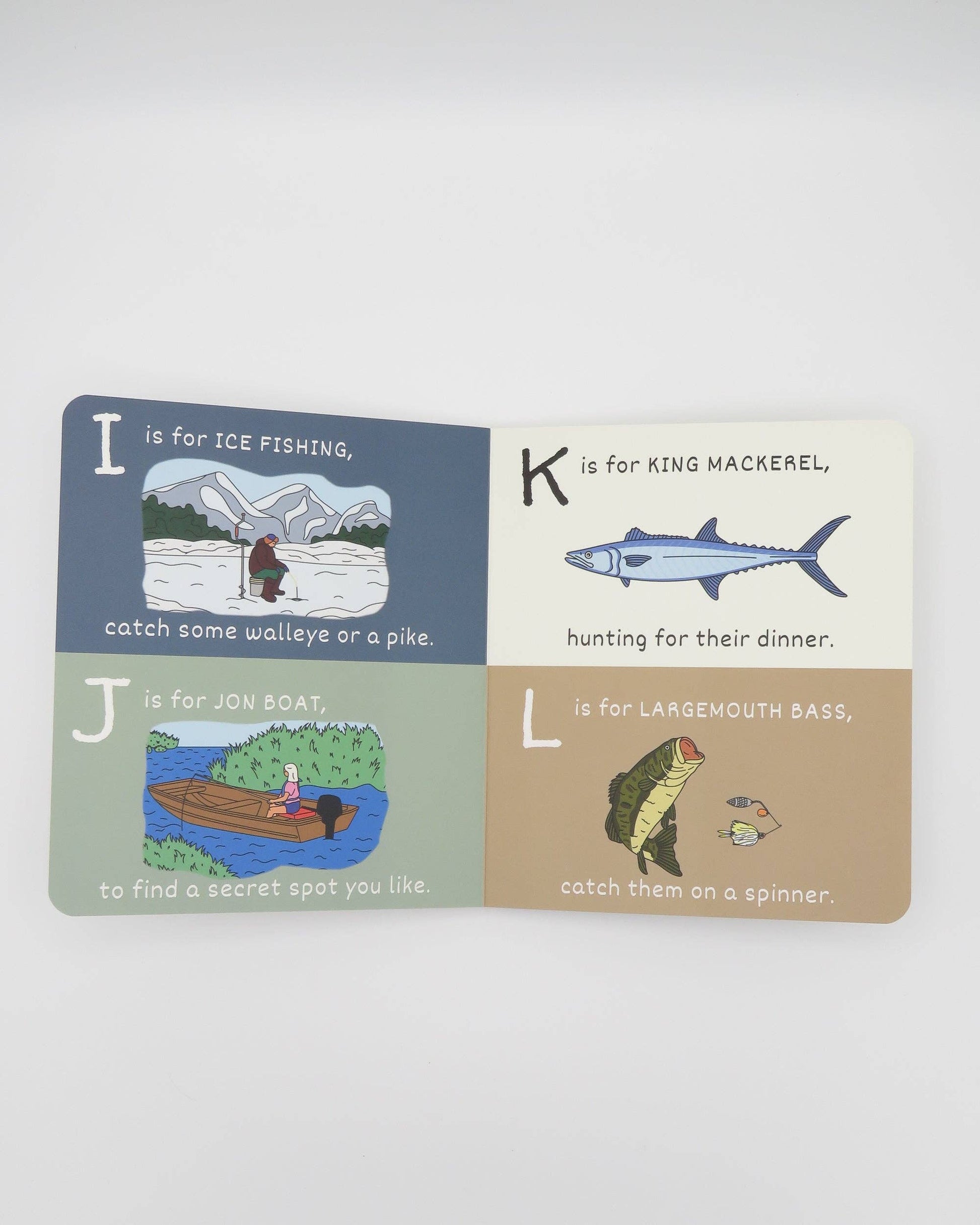ABC's of Fishing by Wild Adventure Books features illustrated pages like I for ice fishing, J for jon boat, K for king mackerel, and L for largemouth bass—a perfect fishing gift for young anglers.