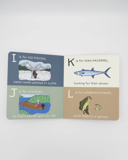 ABC's of Fishing by Wild Adventure Books features illustrated pages like I for ice fishing, J for jon boat, K for king mackerel, and L for largemouth bass—a perfect fishing gift for young anglers.