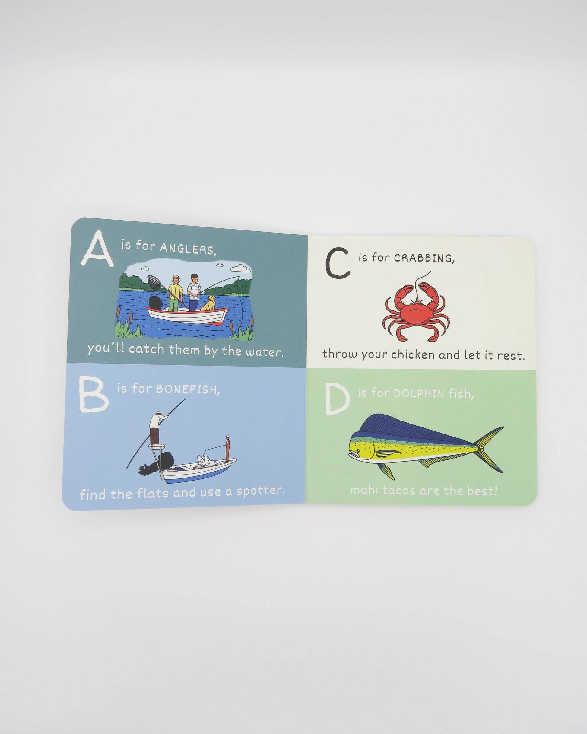 The ABC's of Fishing by Wild Adventure Books features four panels: A for Anglers in a boat, B for Bonefish with fish, C for Crabbing with a red crab, and D for Dolphin fish—an ideal fishing gift for kids.