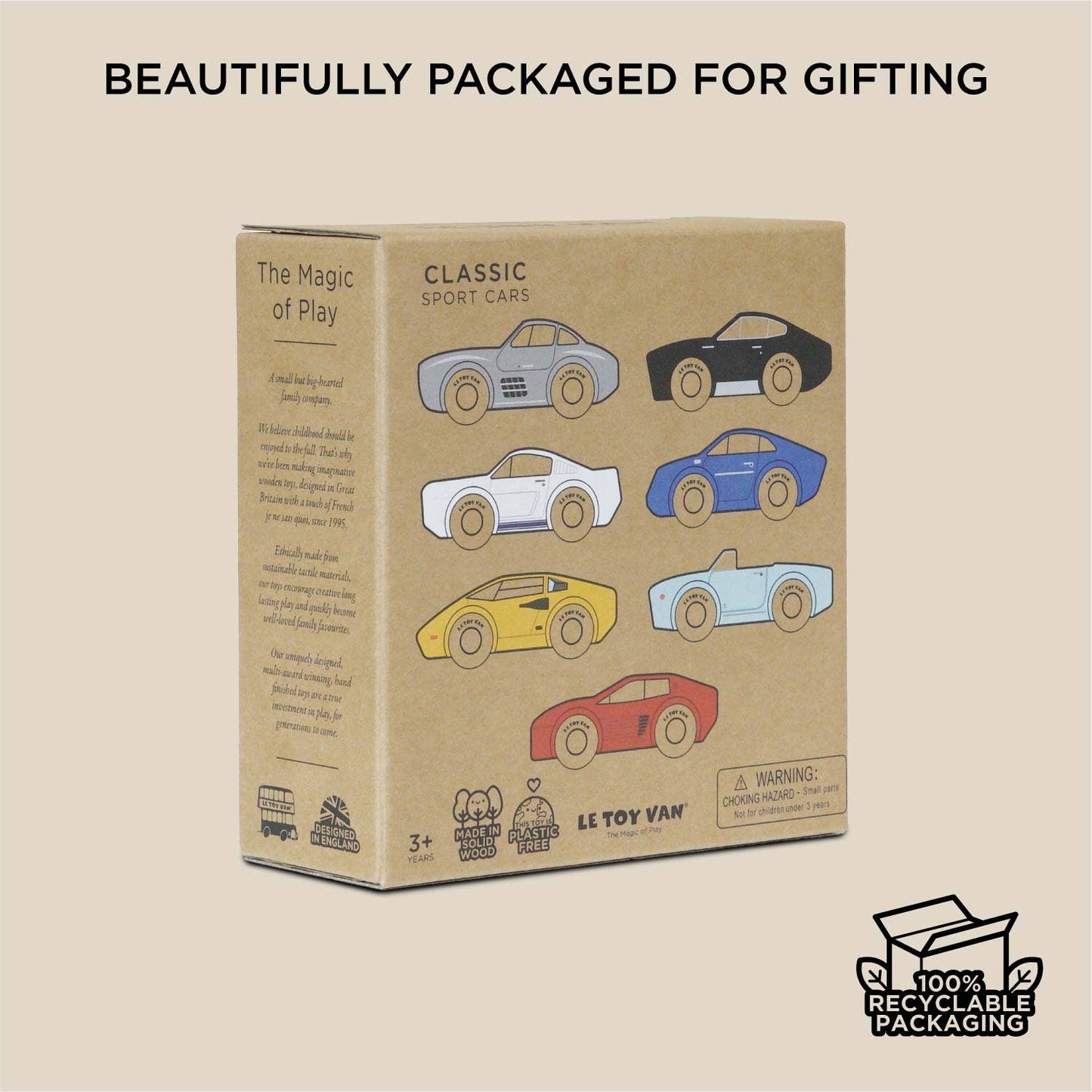 The Le Toy Van, Inc. Classic Wooden Sports Cars set comes in a brown recyclable box, features illustrations of six colorful cars, is compatible with train tracks, and is suitable for ages 3 and up.