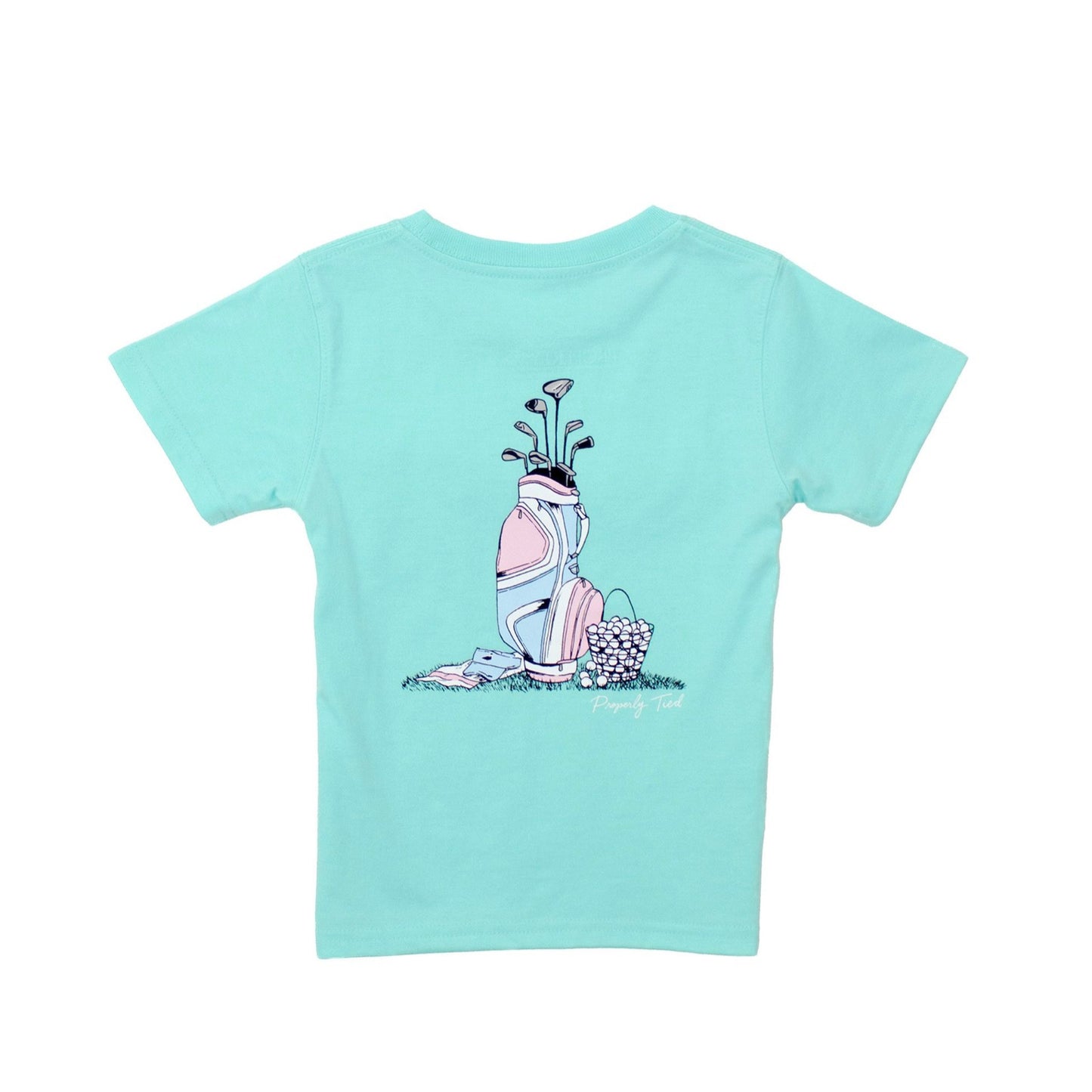 The Properly Tied Girls Golf Clubs SS Seafoam is a light blue pima cotton short-sleeve tee with a back graphic of a golf bag, clubs, balls, and glove on grass.