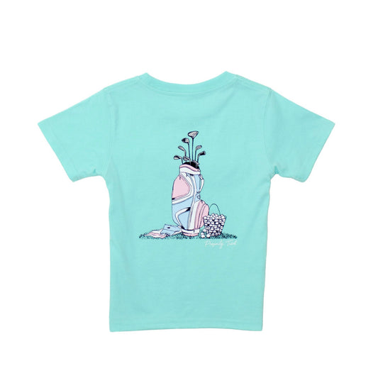 The Properly Tied Girls Golf Clubs SS Seafoam is a light blue pima cotton short-sleeve tee with a back graphic of a golf bag, clubs, balls, and glove on grass.