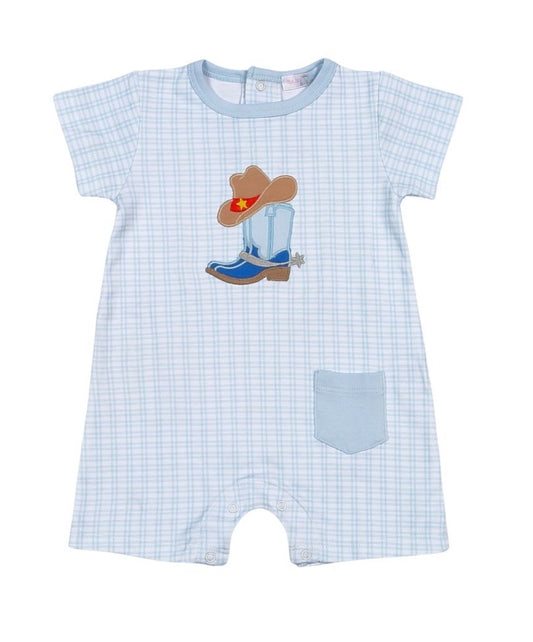Rodeo Time Pima Applique Romper-Blue
