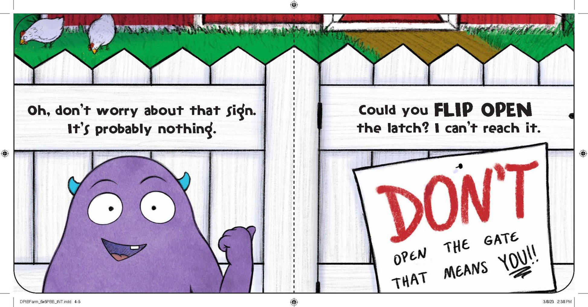 A cheerful purple monster stands by a white fence, smiling and pointing at a sign. Next to another warning sign, it feels like stepping into an interactive Sourcebooks story—Don't Push the Button: On the Farm!.