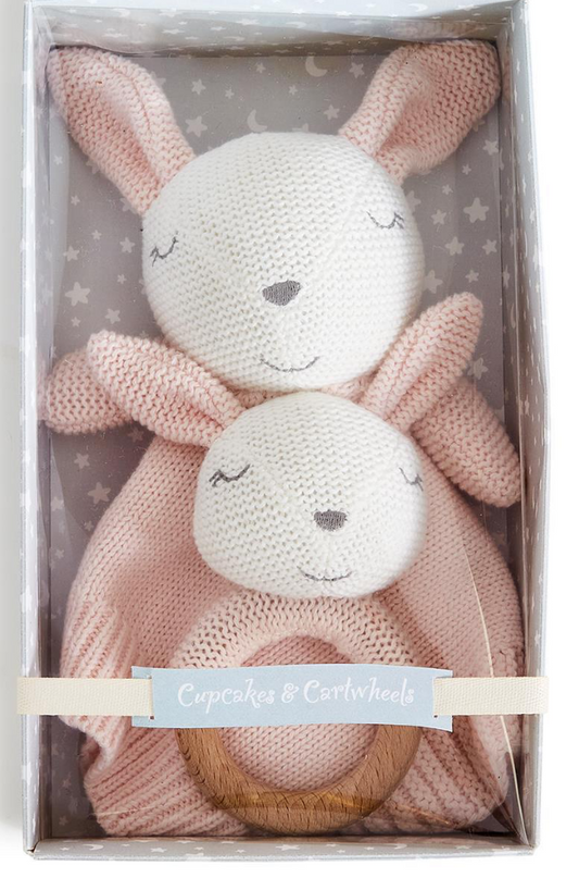 Knitted Baby Bunny Snuggle and Rattle Set