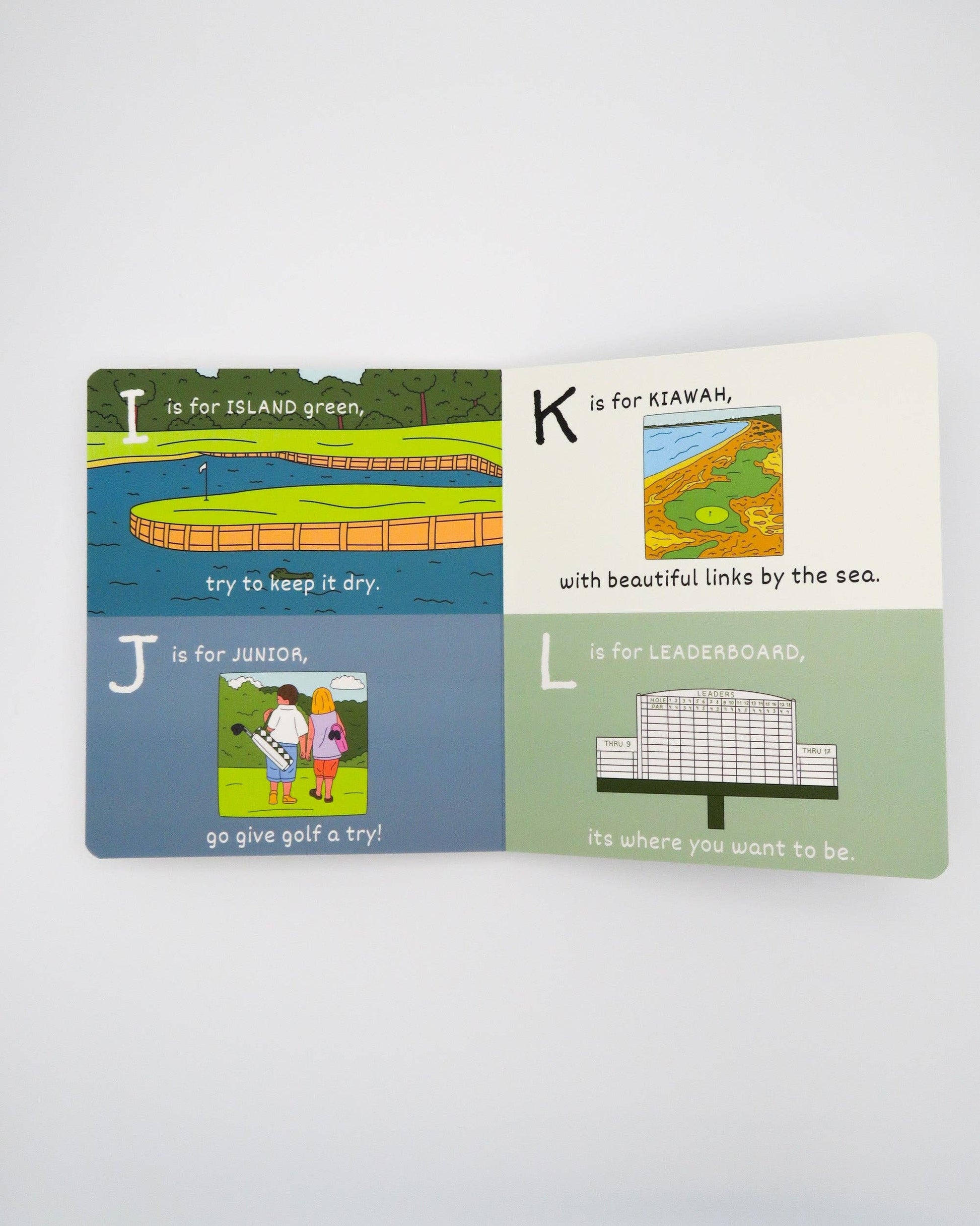 ABC's of Golf by Wild Adventure Books features golf-themed illustrations from I to L—like an island green, seaside links, junior golfers, and a leaderboard—making it a perfect baby shower gift for young golf fans.