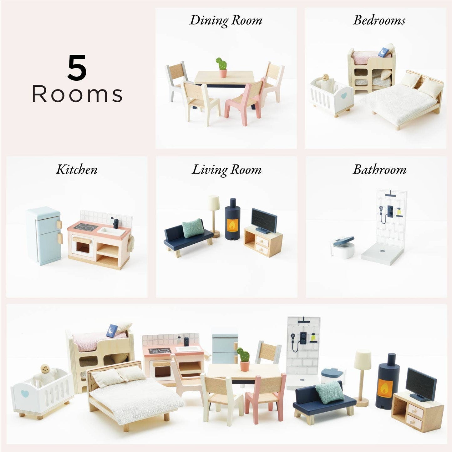 The Le Toy Van, Inc. Complete Dolls House Furniture set includes miniature pieces for dining, bedrooms, kitchen, living room, and bathroom, all organized in labeled sections for a charming and tidy display.