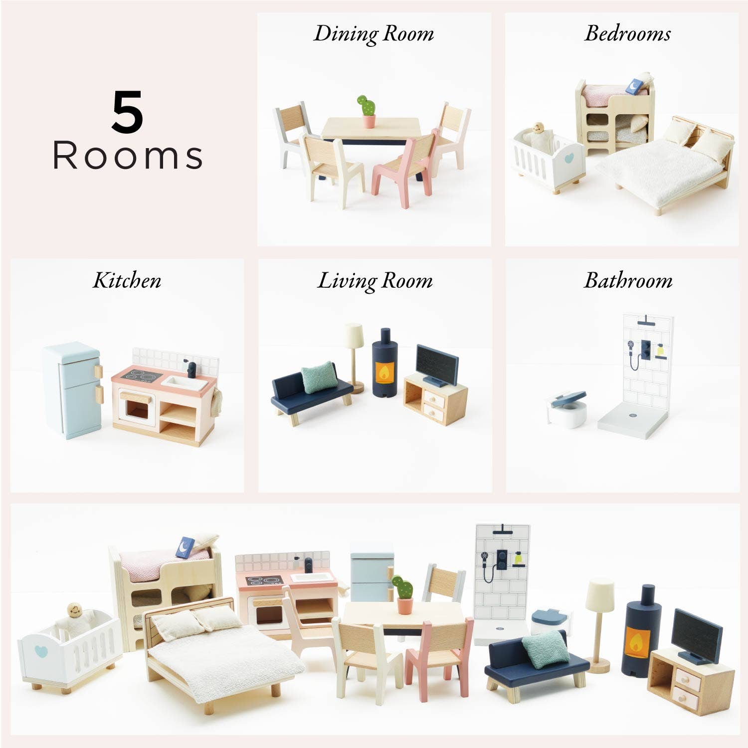 The Le Toy Van, Inc. Complete Dolls House Furniture set includes miniature pieces for dining, bedrooms, kitchen, living room, and bathroom, all organized in labeled sections for a charming and tidy display.