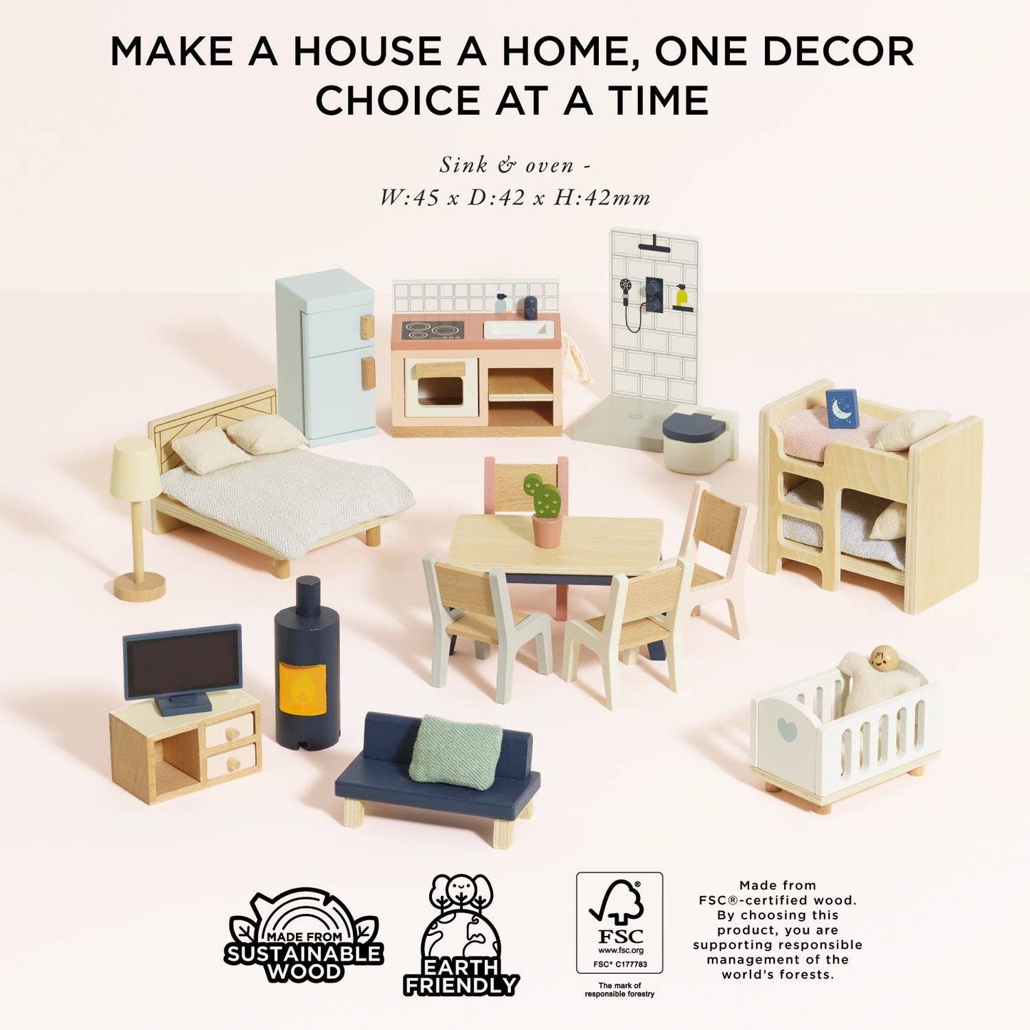 Le Toy Van, Inc.'s Complete Dolls House Furniture set—featuring a bed, sofa, dining table, fridge, stove, sink, crib, TV stand, and decor—is arranged in a semi-circle with sustainability and eco-friendly icons below.