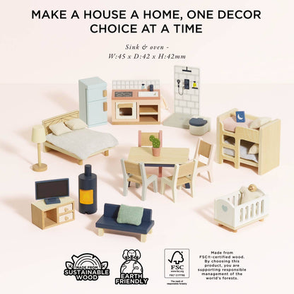 Le Toy Van, Inc.'s Complete Dolls House Furniture set—featuring a bed, sofa, dining table, fridge, stove, sink, crib, TV stand, and decor—is arranged in a semi-circle with sustainability and eco-friendly icons below.