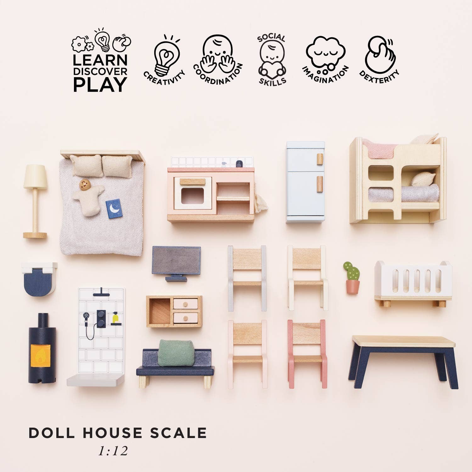 The Le Toy Van, Inc. Complete Dolls House Furniture set includes beds, chairs, tables, a fridge, and stroller—all arranged on a white background. Icons showcase creativity and social skills benefits—perfect for any dolls house collection.