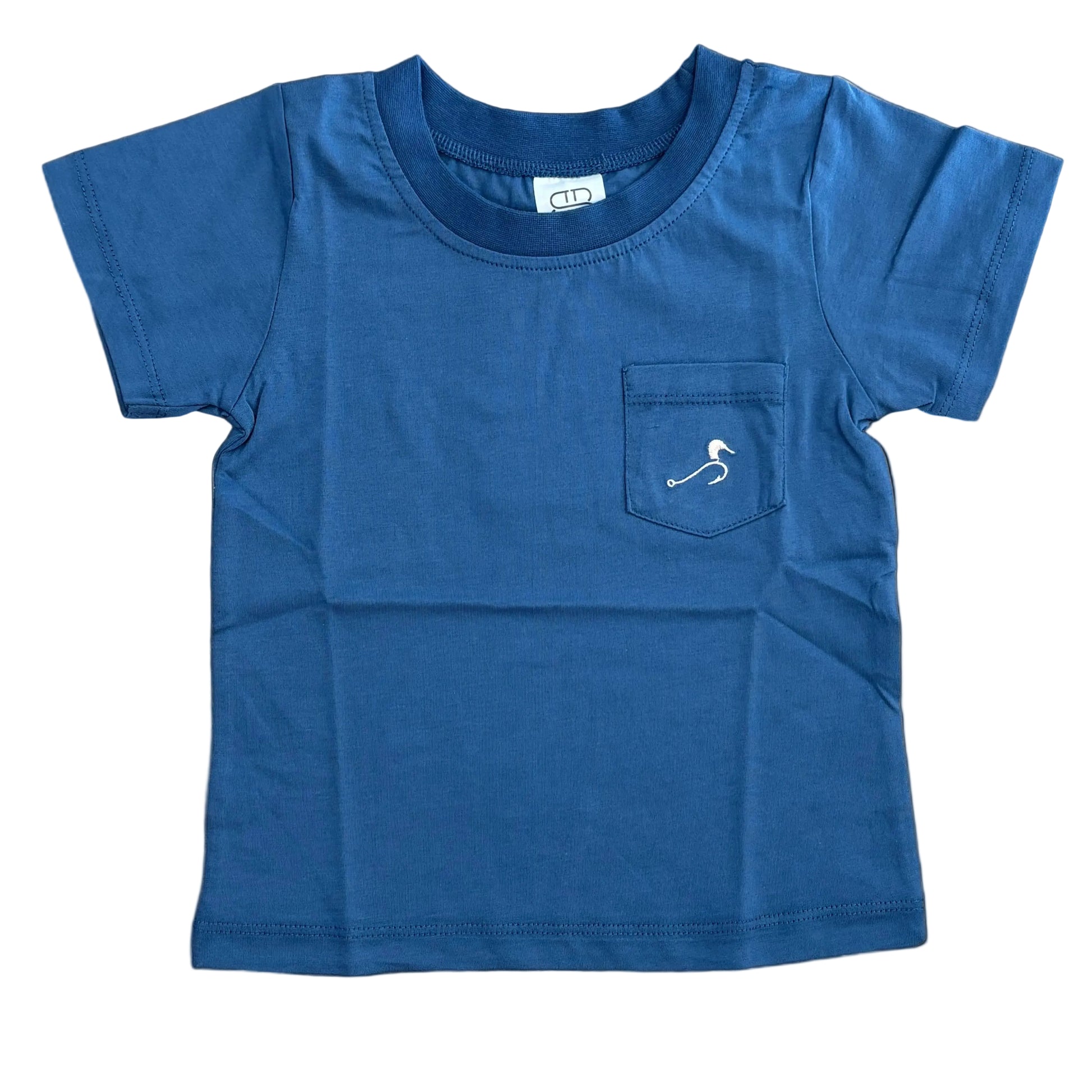 Blue t-shirt with a pocket on a wooden floor