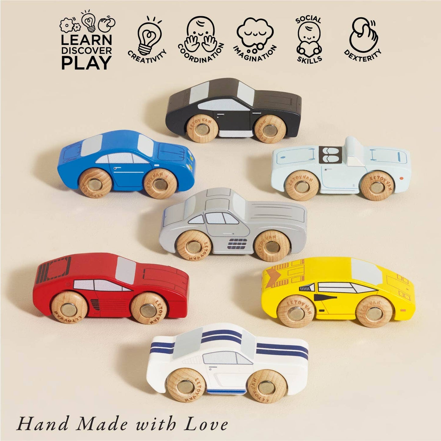 The Classic Wooden Sports Cars by Le Toy Van, Inc. are perfect for imaginative play and compatible with most wooden train tracks.