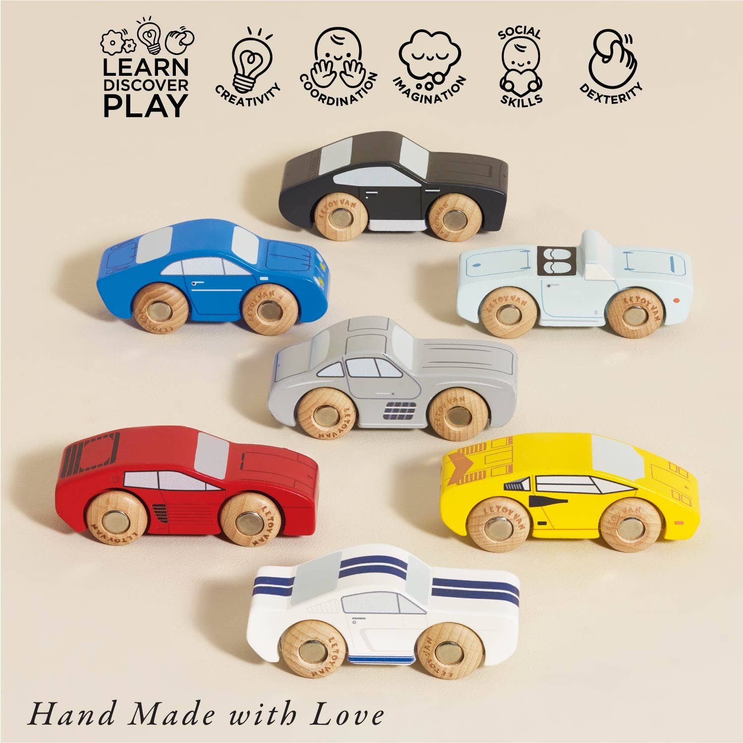The Classic Wooden Sports Cars by Le Toy Van, Inc. are perfect for imaginative play and compatible with most wooden train tracks.