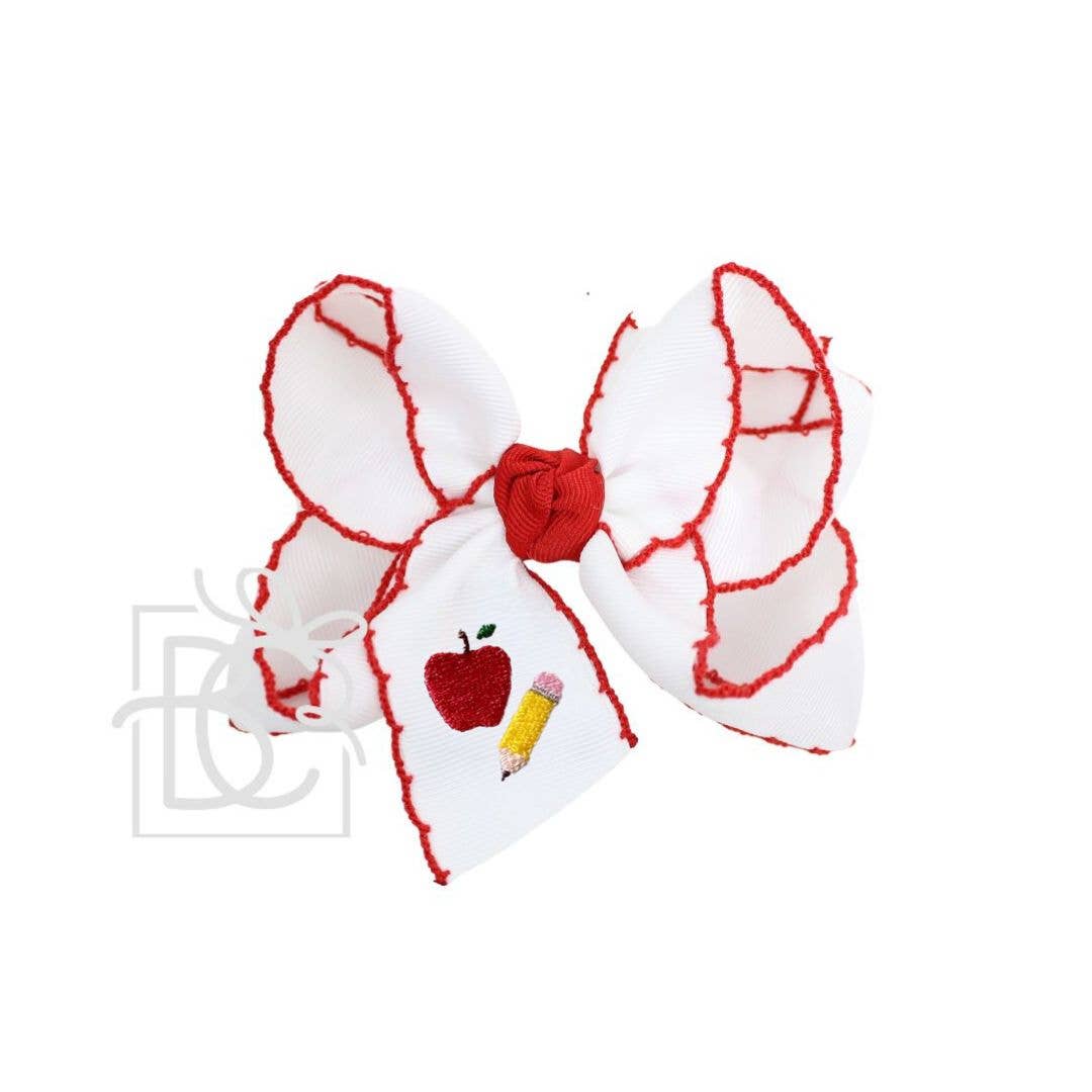 Embroidered Pencil & Apple on Crochet Edge Bow