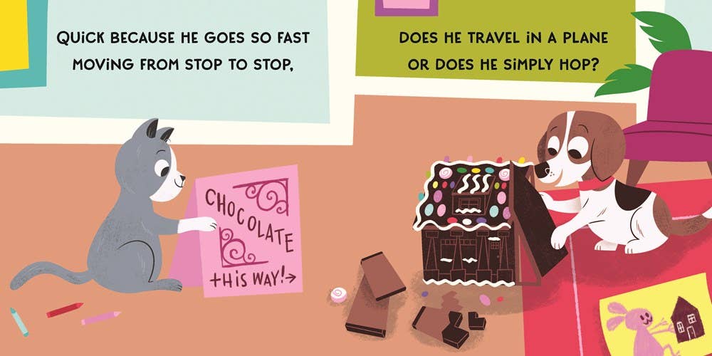 A cartoon cat holds a pink sign reading Chocolate this way! while a dog in a red scarf looks at a gingerbread house—perfect for fans of Sourcebooks’ My First How to Catch The Easter Bunny (BB) or as an Easter basket stuffer. Colorful question boxes appear above them.