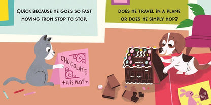 A cartoon cat holds a pink sign reading Chocolate this way! while a dog in a red scarf looks at a gingerbread house—perfect for fans of Sourcebooks’ My First How to Catch The Easter Bunny (BB) or as an Easter basket stuffer. Colorful question boxes appear above them.