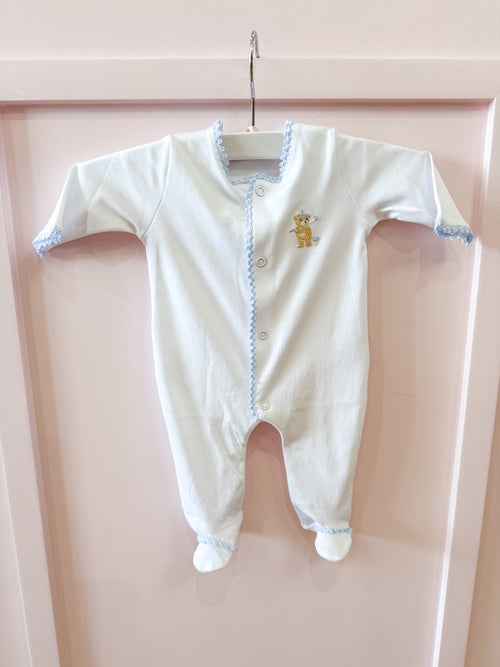 Golfing Bear Footie-White with Blue Trim