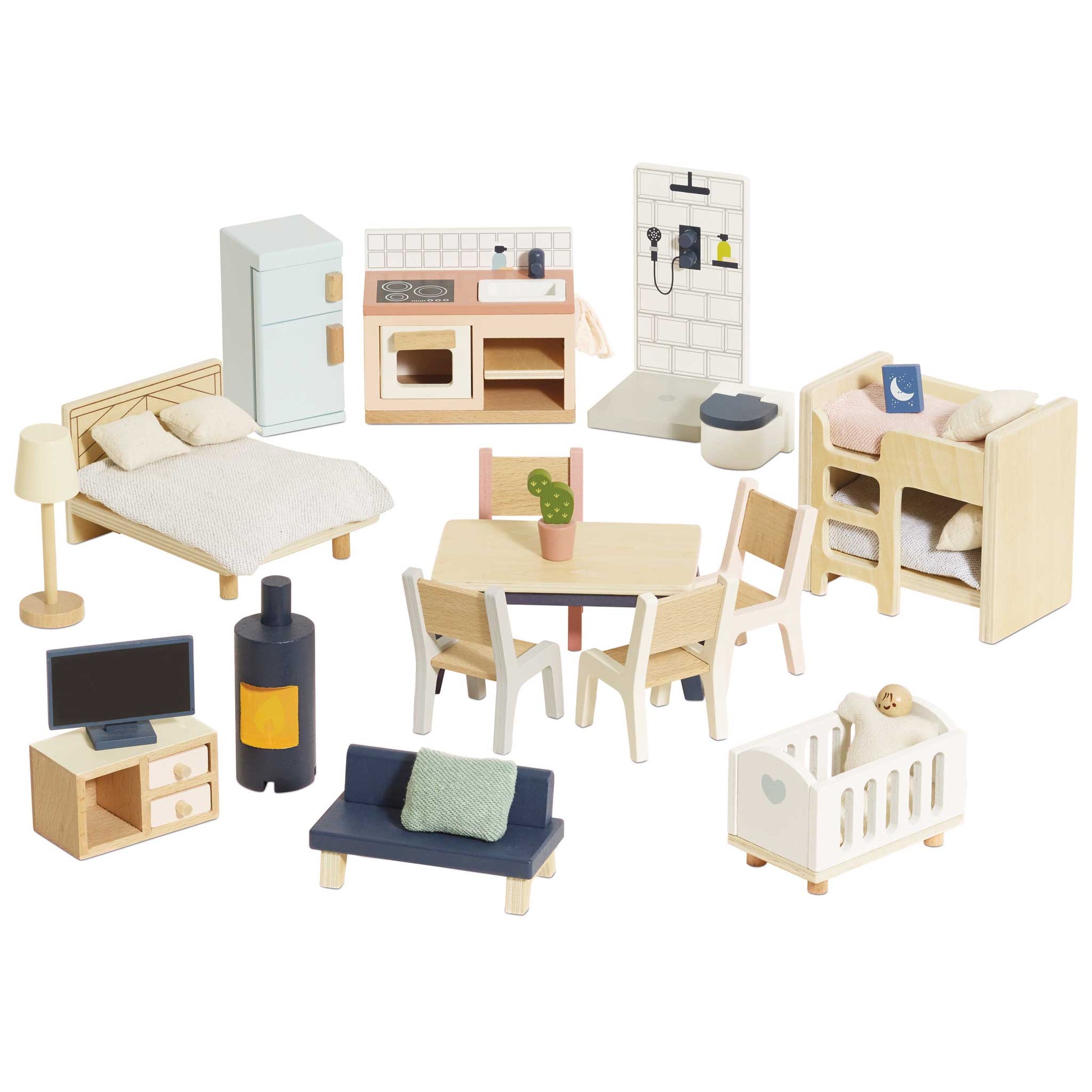 The Le Toy Van, Inc. Complete Dolls House Furniture set includes a bed, bunk beds, crib, dining set, sofa, TV stand, stove, fridge, shower, lamp & wood-burning stove—ideal for any dolls house collection.