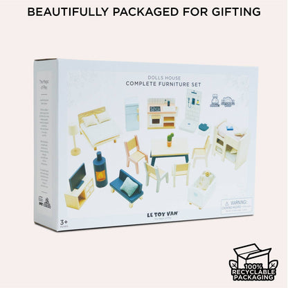 A box labeled “Complete Dolls House Furniture” by Le Toy Van, Inc. displays illustrated mini furniture. The packaging states “BEAUTIFULLY PACKAGED FOR GIFTING” and shows a “100% Recyclable Packaging” symbol.