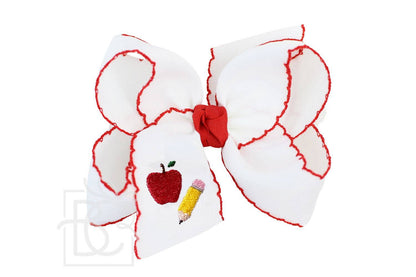 Embroidered Pencil & Apple on Crochet Edge Bow