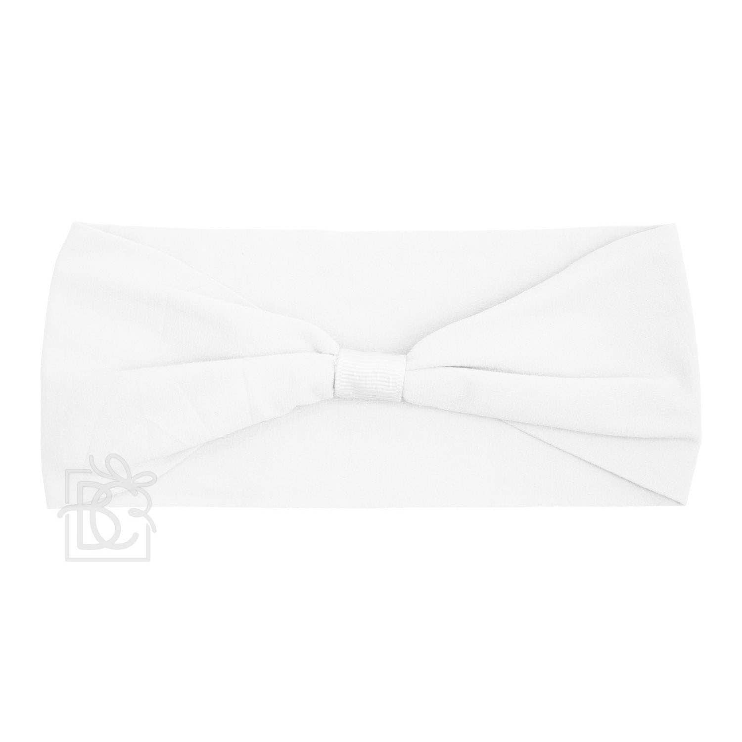 The Beyond Creations, LLC WIDE PANTYHOSE ADD-A-BOW HEADBAND is a versatile, plain white accessory with a central knot and subtle corner logo, shown laid flat on a white background for a clean, minimalist look.