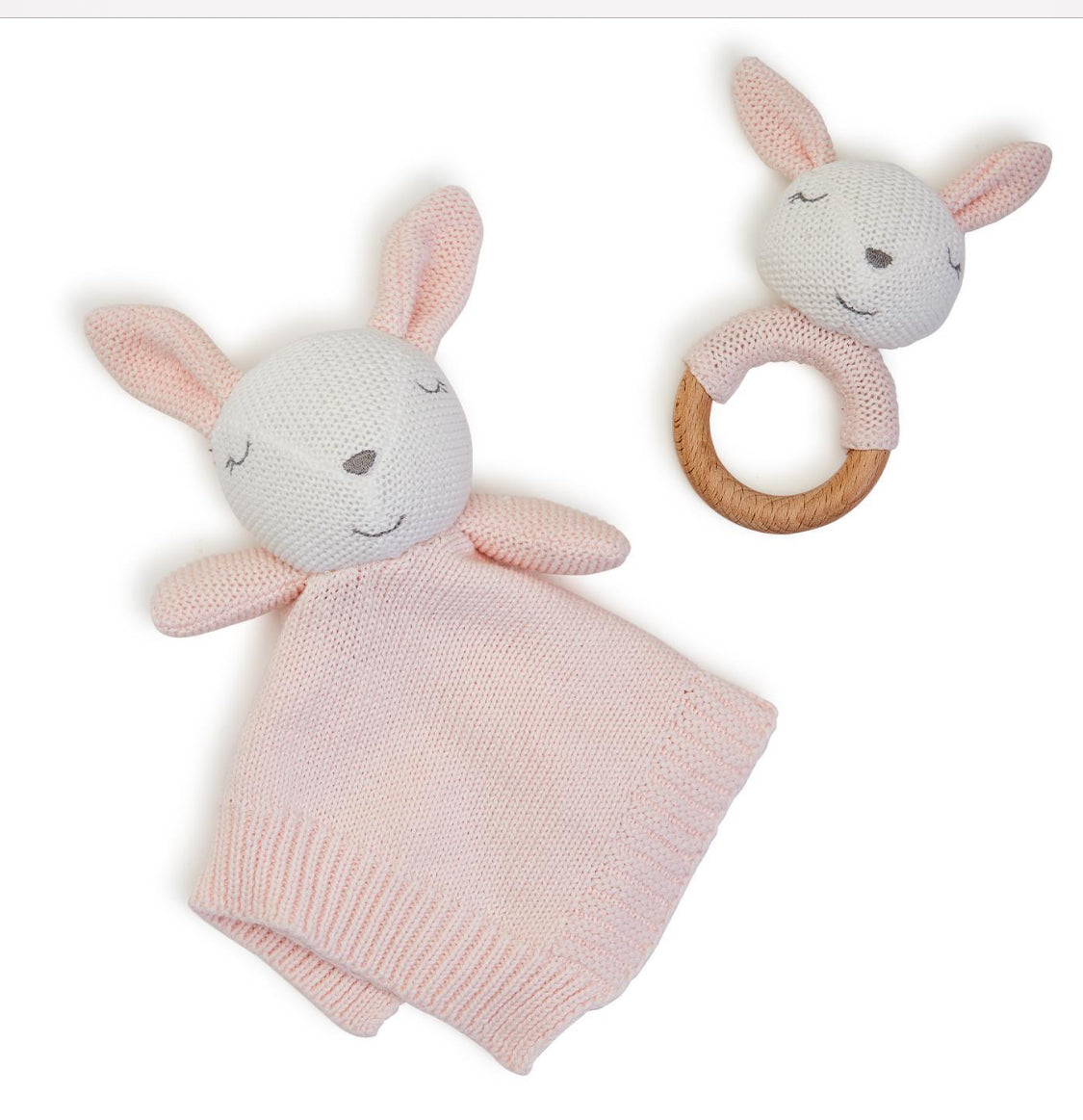Knitted Baby Bunny Snuggle and Rattle Set