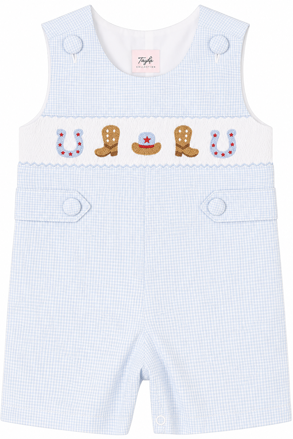 Blue gingham baby boy shortall with smocked cowboy boots, hat and horseshoes.