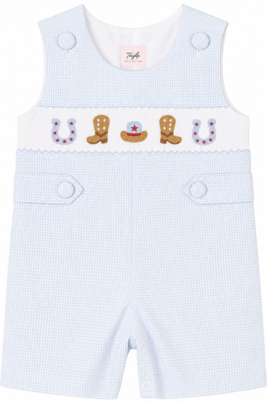 Blue gingham baby boy shortall with smocked cowboy boots, hat and horseshoes.