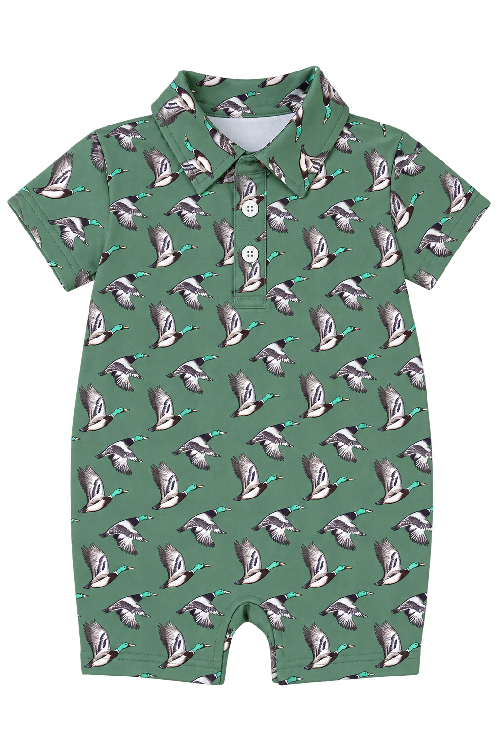 Boys sage green polo romper with all-over flying mallard duck print.