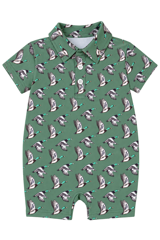 Boys sage green polo romper with all-over flying mallard duck print.