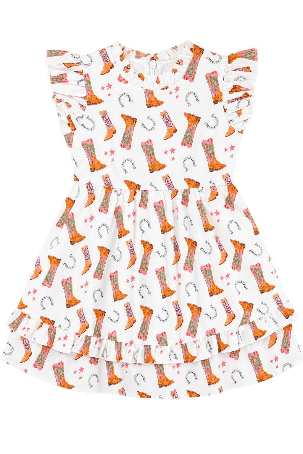Girls white Western dress with colorful cowboy boot, horseshoe and star print with ruffle details.
