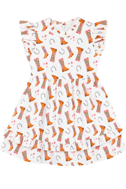 Girls white Western dress with colorful cowboy boot, horseshoe and star print with ruffle details.