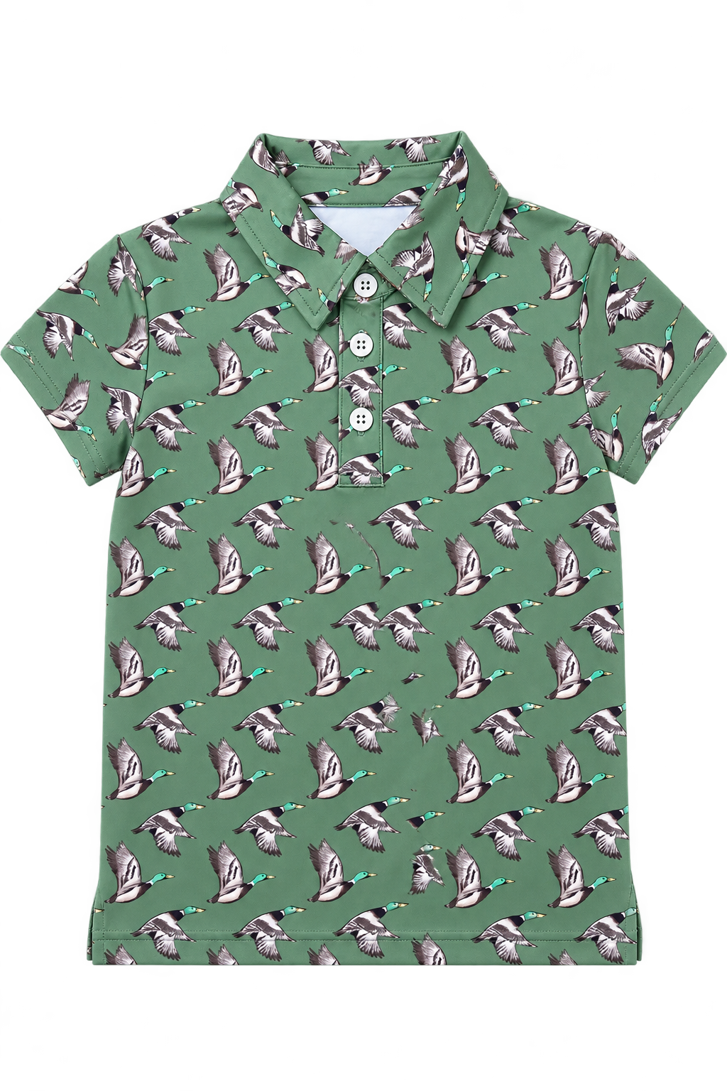 Boys sage green short-sleeve polo shirt with all-over flying mallard duck print.