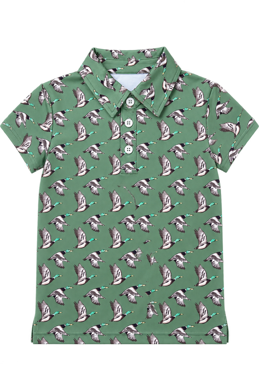 Boys sage green short-sleeve polo shirt with all-over flying mallard duck print.