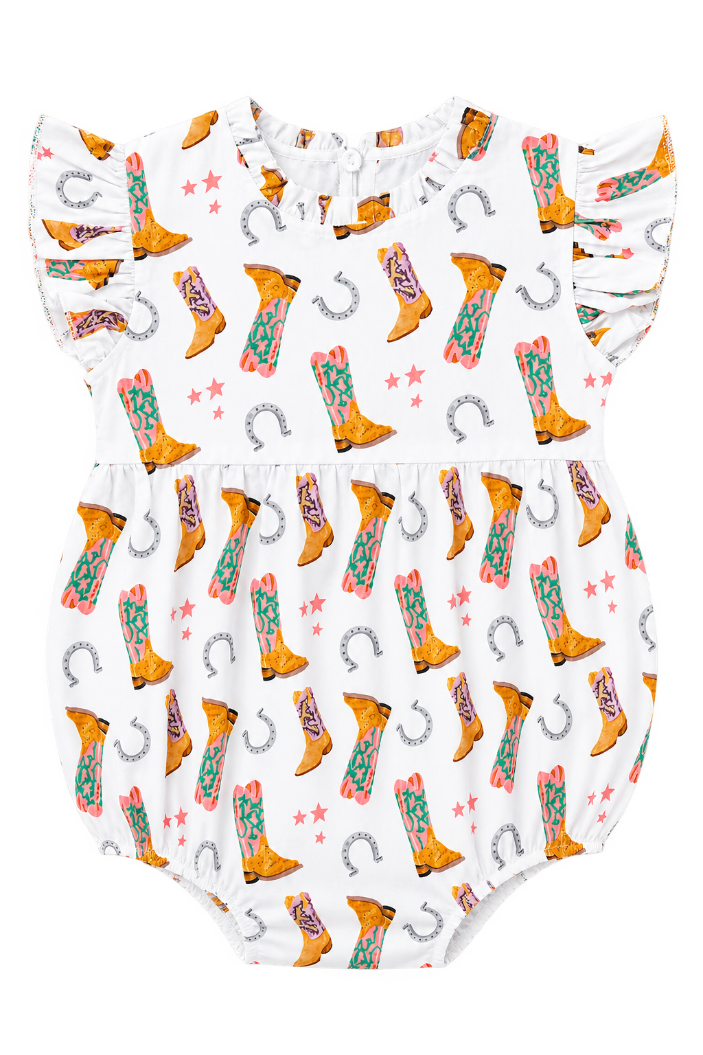 Baby girl white Western bubble romper with colorful cowboy boot, horseshoe and star print with ruffle details.
