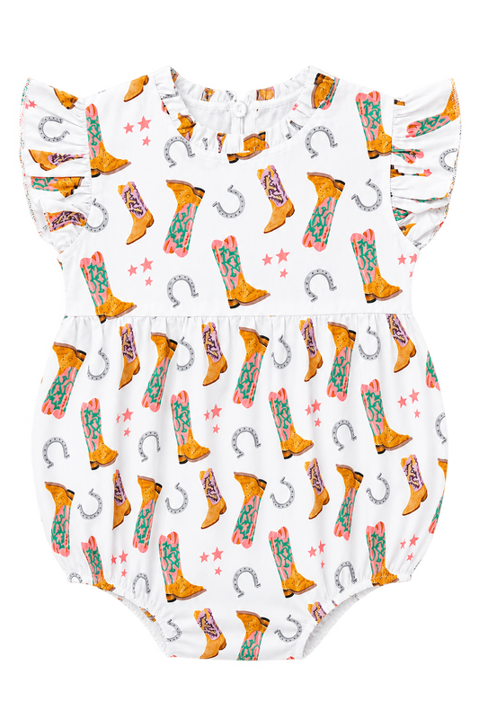 Baby girl white Western bubble romper with colorful cowboy boot, horseshoe and star print with ruffle details.